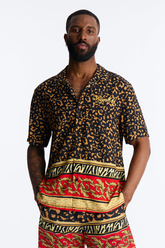 Animal Instincts Paneled Cuban Collar Short Sleeve Shirt - Leopard Fashion Nova