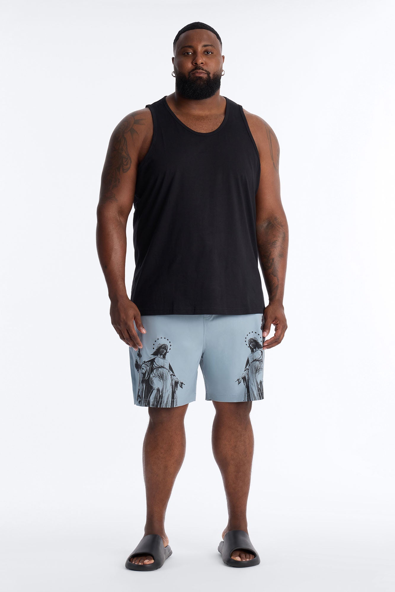 Mirrored Faith Applique Swim Trunk 7″ - Grey Fashion Nova
