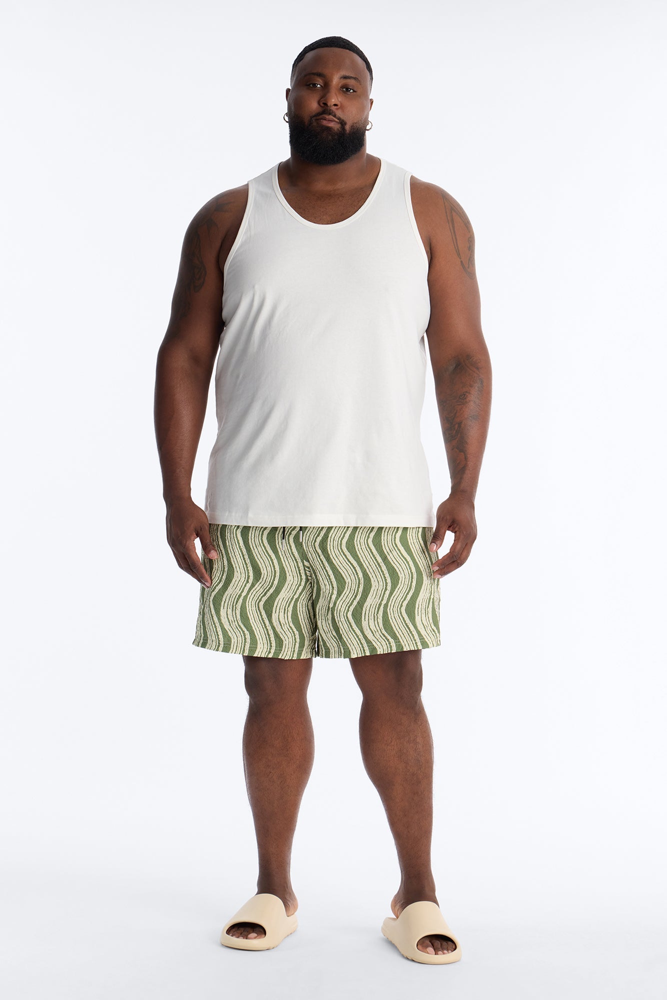 Wave Printed Seersucker Swim Trunk 6″ - Olive Fashion Nova