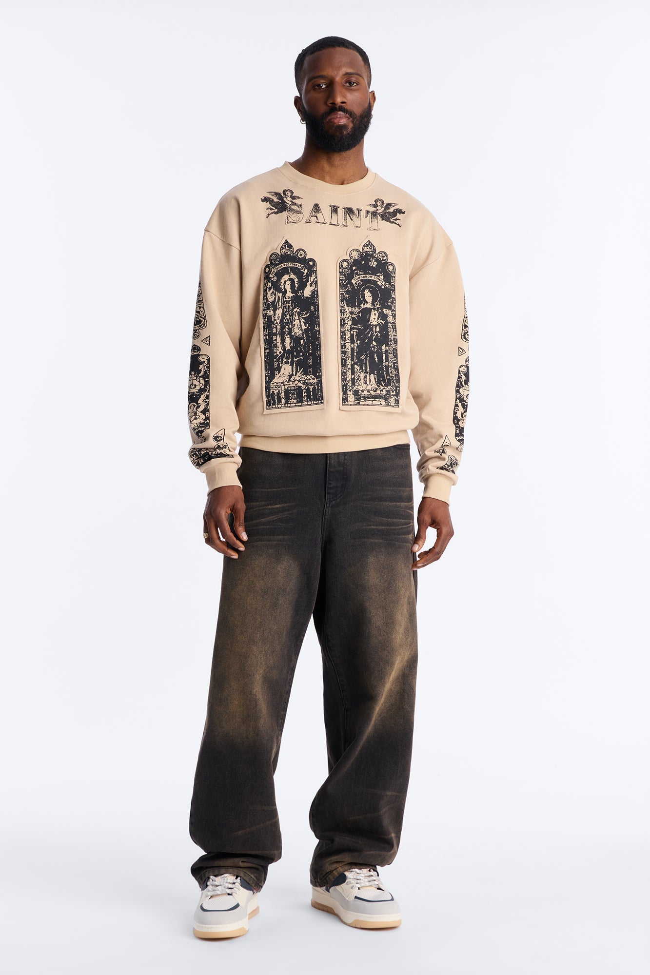 Saint Message Patched Crewneck Sweatshirt - Taupe Fashion Nova