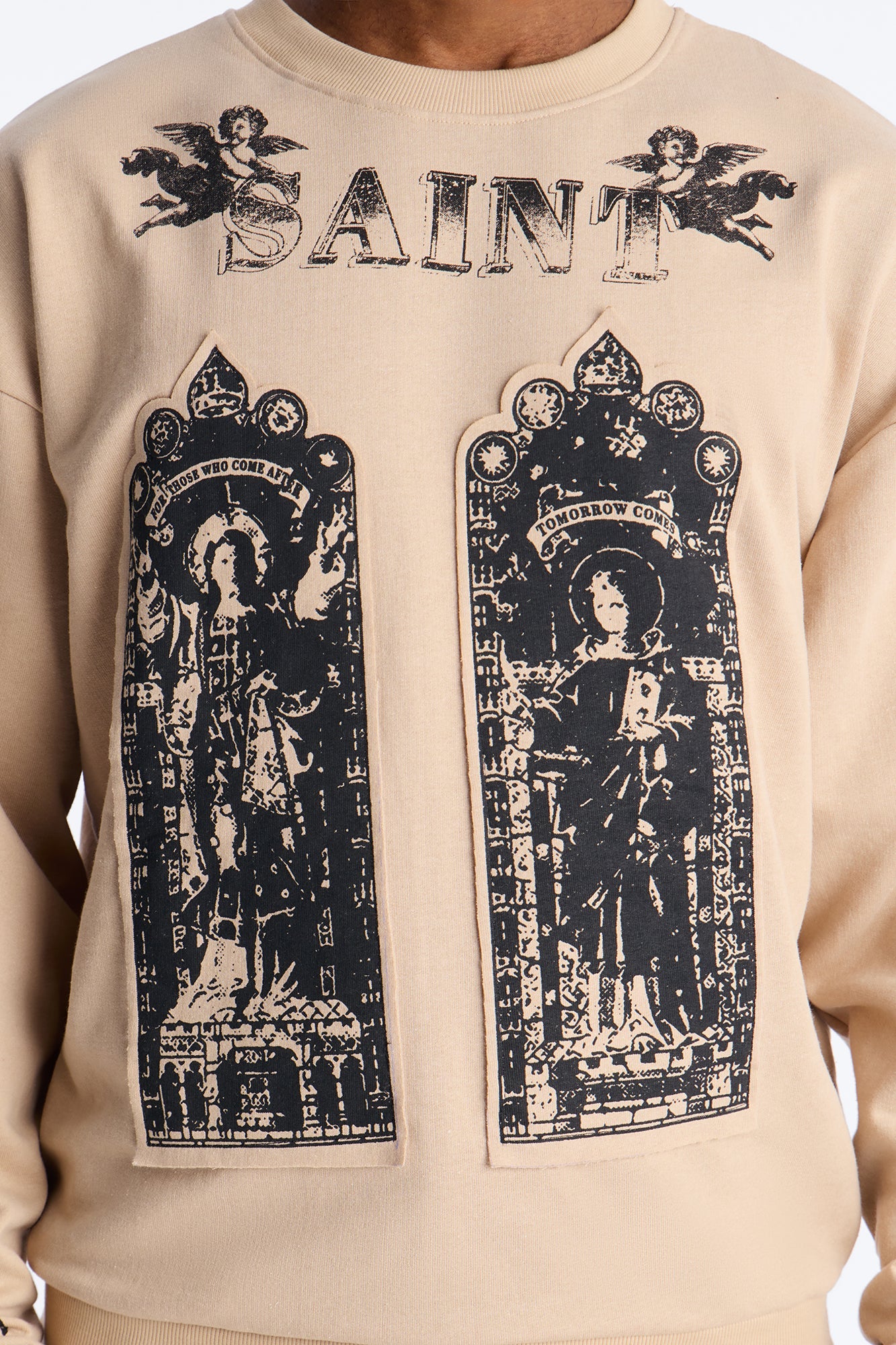 Saint Message Patched Crewneck Sweatshirt - Taupe Fashion Nova