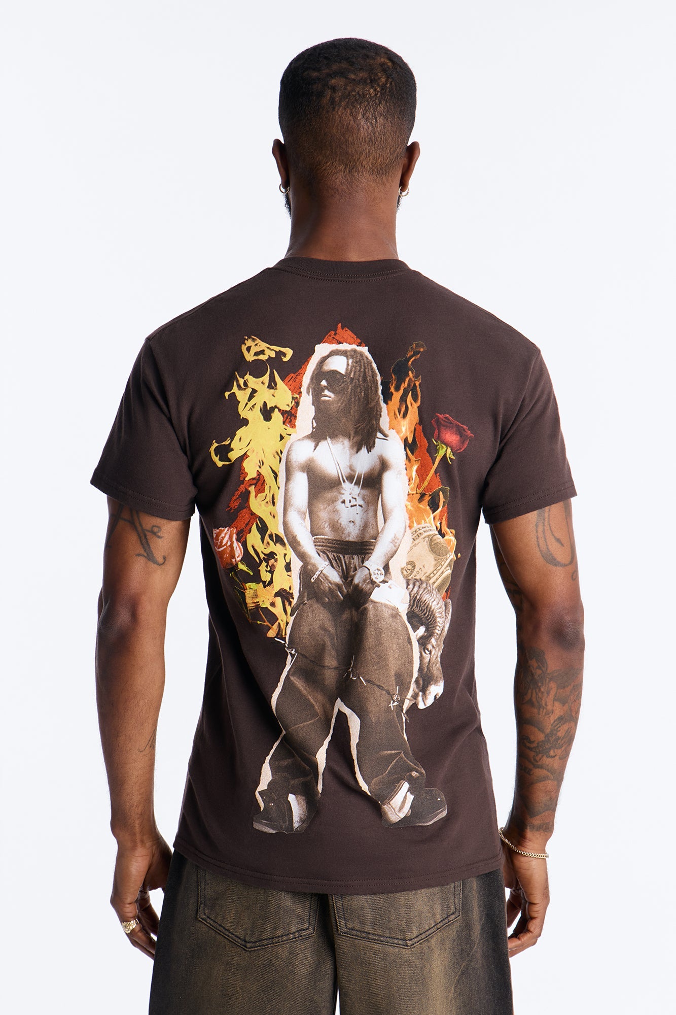 Lil Wayne Flames Graphic Short Sleeve Tee - Brown Fashion Nova