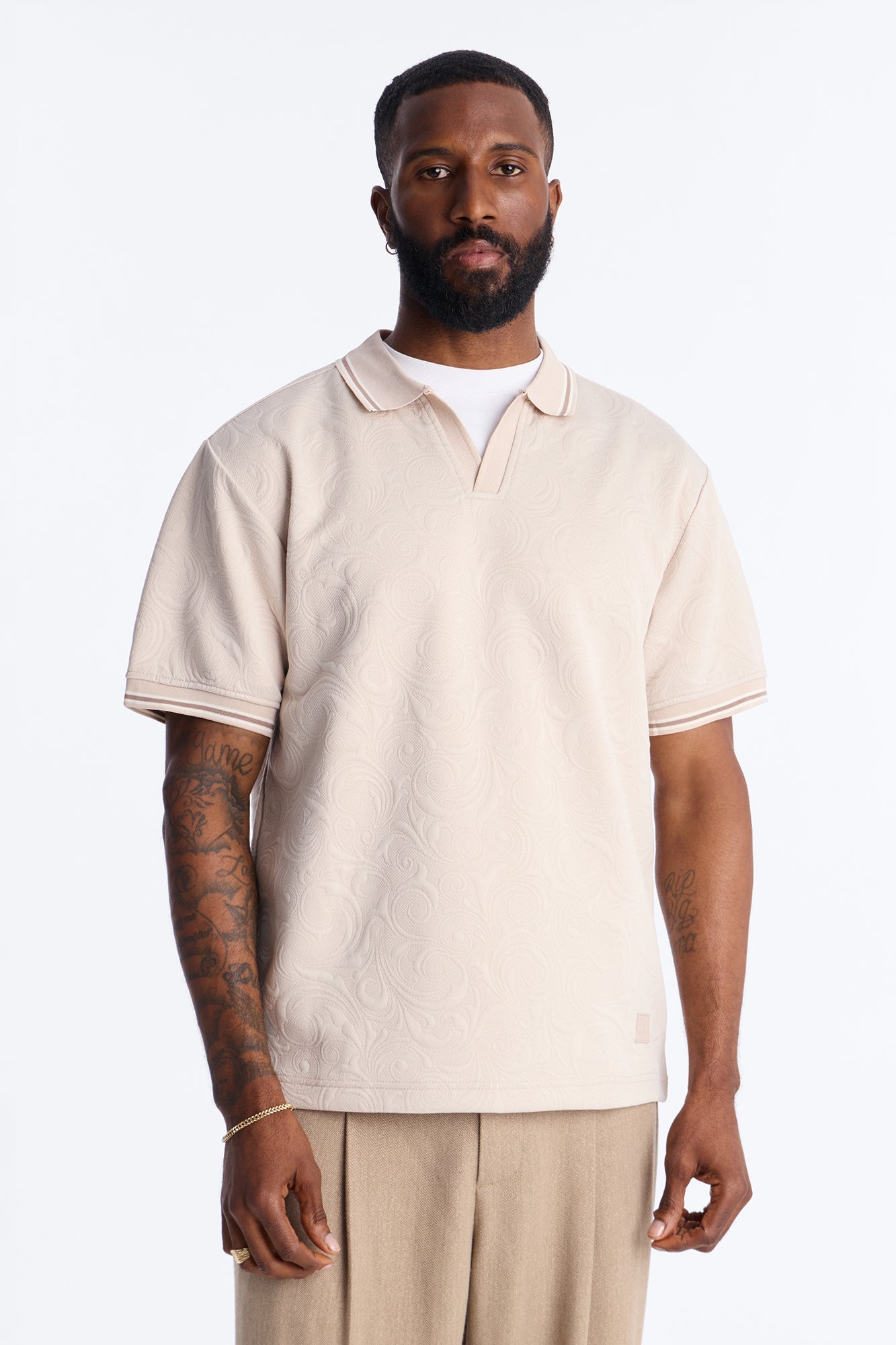 Saints Floral Johnny Collar Polo - Oatmeal Fashion Nova