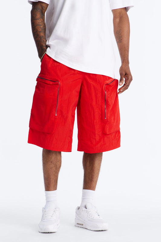 Baggy Oversized Pockets Tech Short - Red Fashion Nova