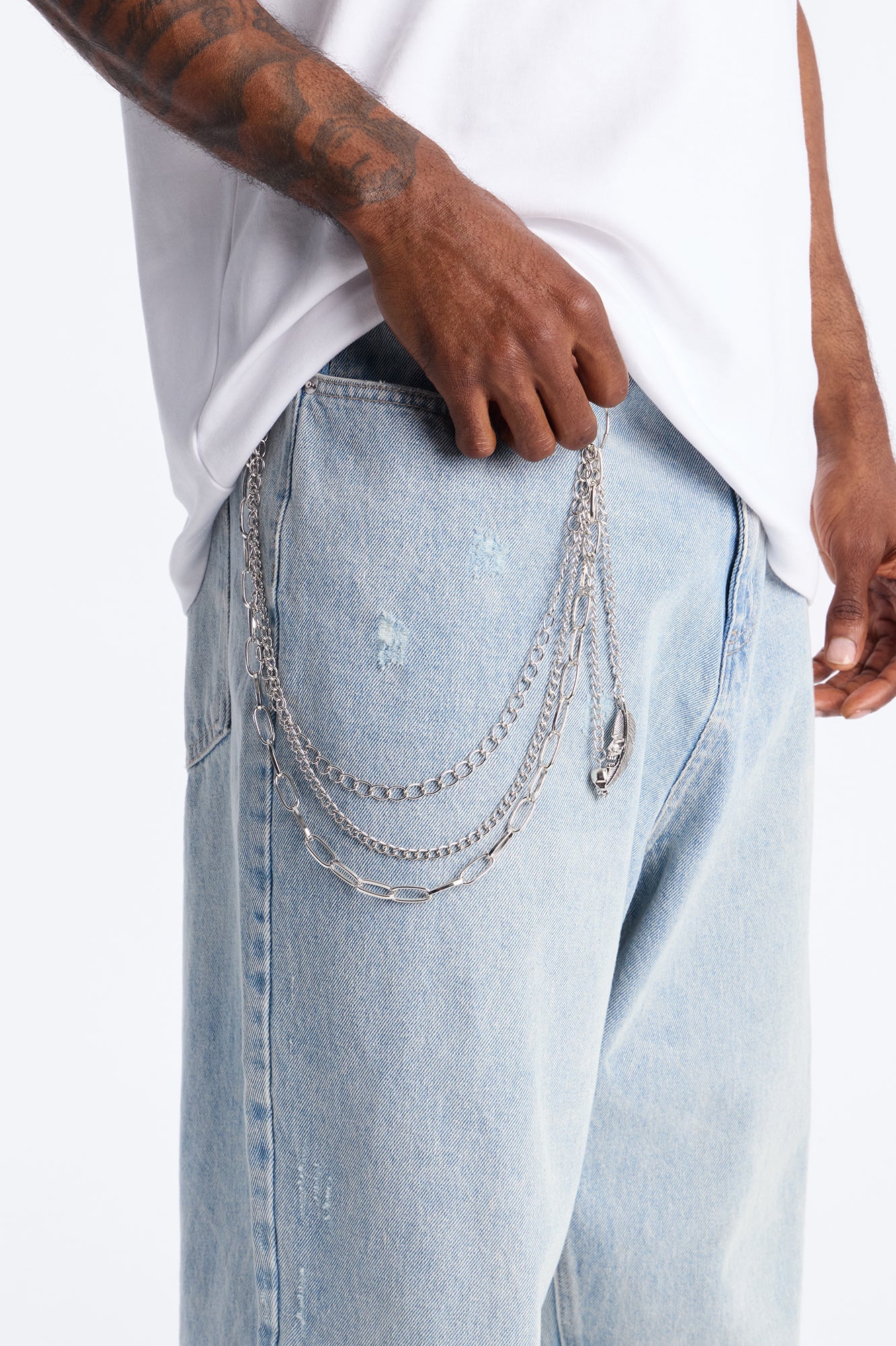 Skull Feather Multi Link Stacked Pant Chain - Silver Fashion Nova