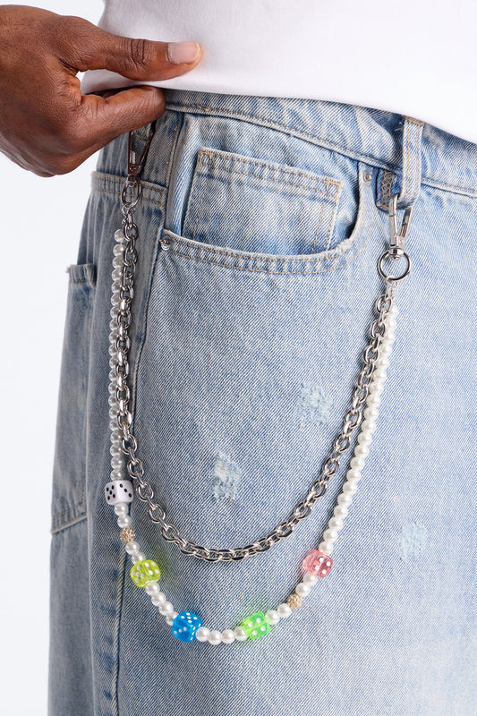 Colored Dice Pearl Stacked Pant Chain - Silver Fashion Nova