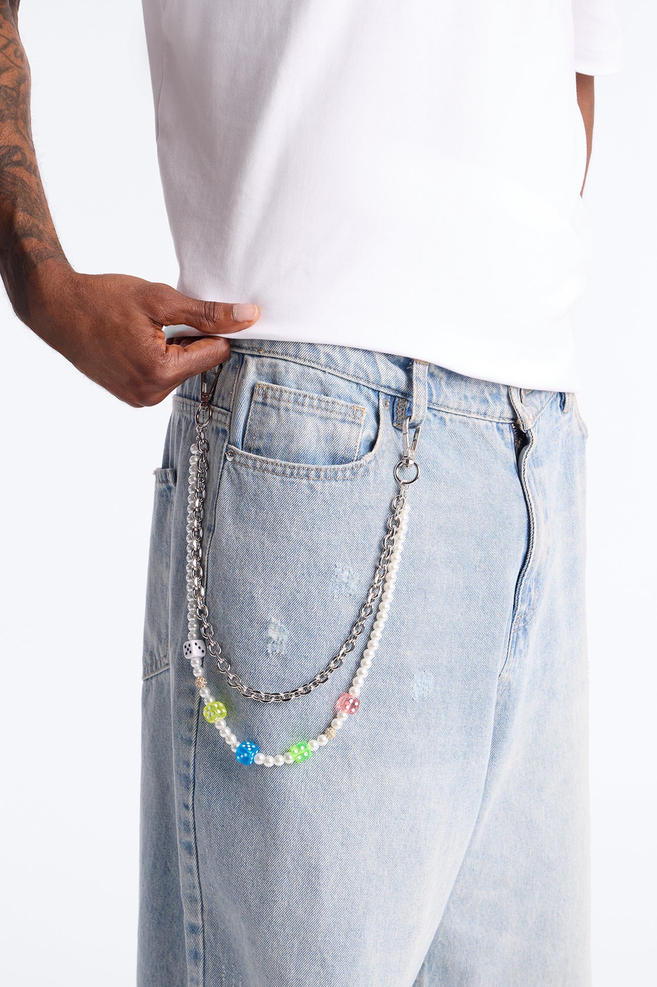 Colored Dice Pearl Stacked Pant Chain - Silver Fashion Nova