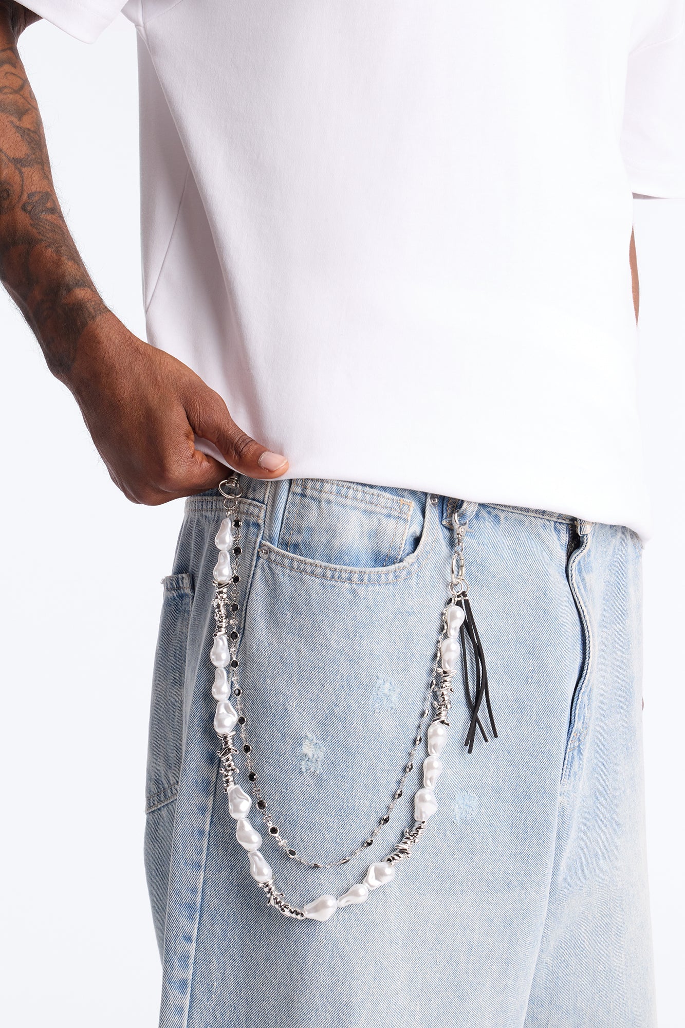 Barbed Wire Pearl Stacked Pant Chain - Silver Fashion Nova