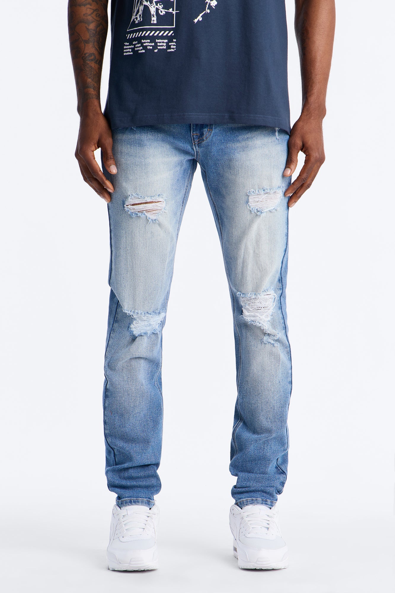 Essential Destroyed Skinny Stretch Jean - Medium Blue Wash Fashion Nova