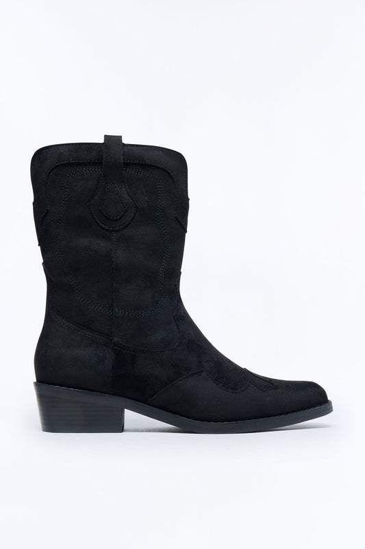 Western Faux Suede Pull On Cowboy Boots - Black Fashion Nova