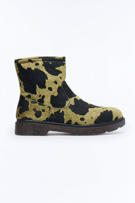 Cow Print Faux Pony Hair Slip On Mid Ankle Boots - Olive/combo Fashion Nova