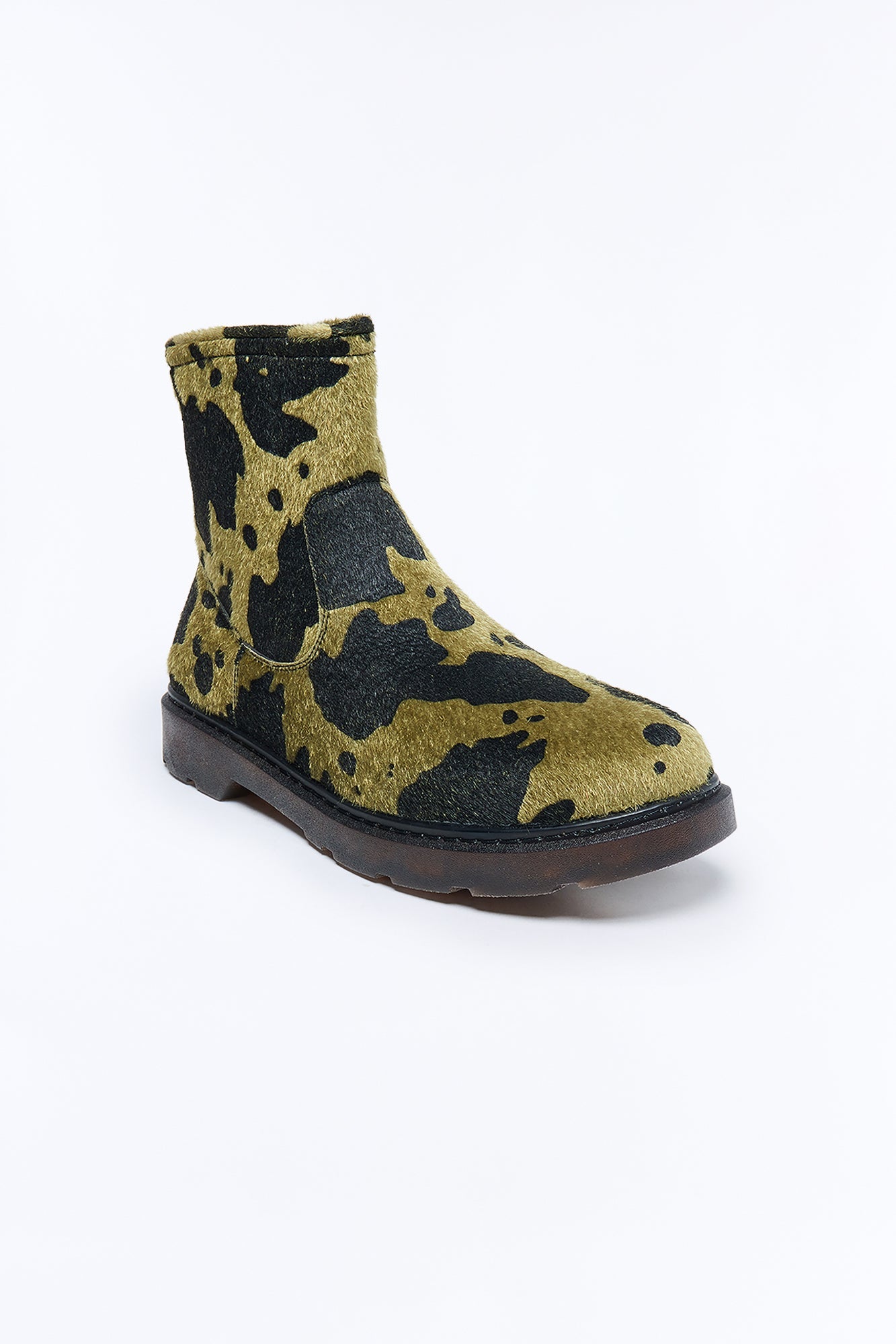 Cow Print Faux Pony Hair Slip On Mid Ankle Boots - Olive/combo Fashion Nova