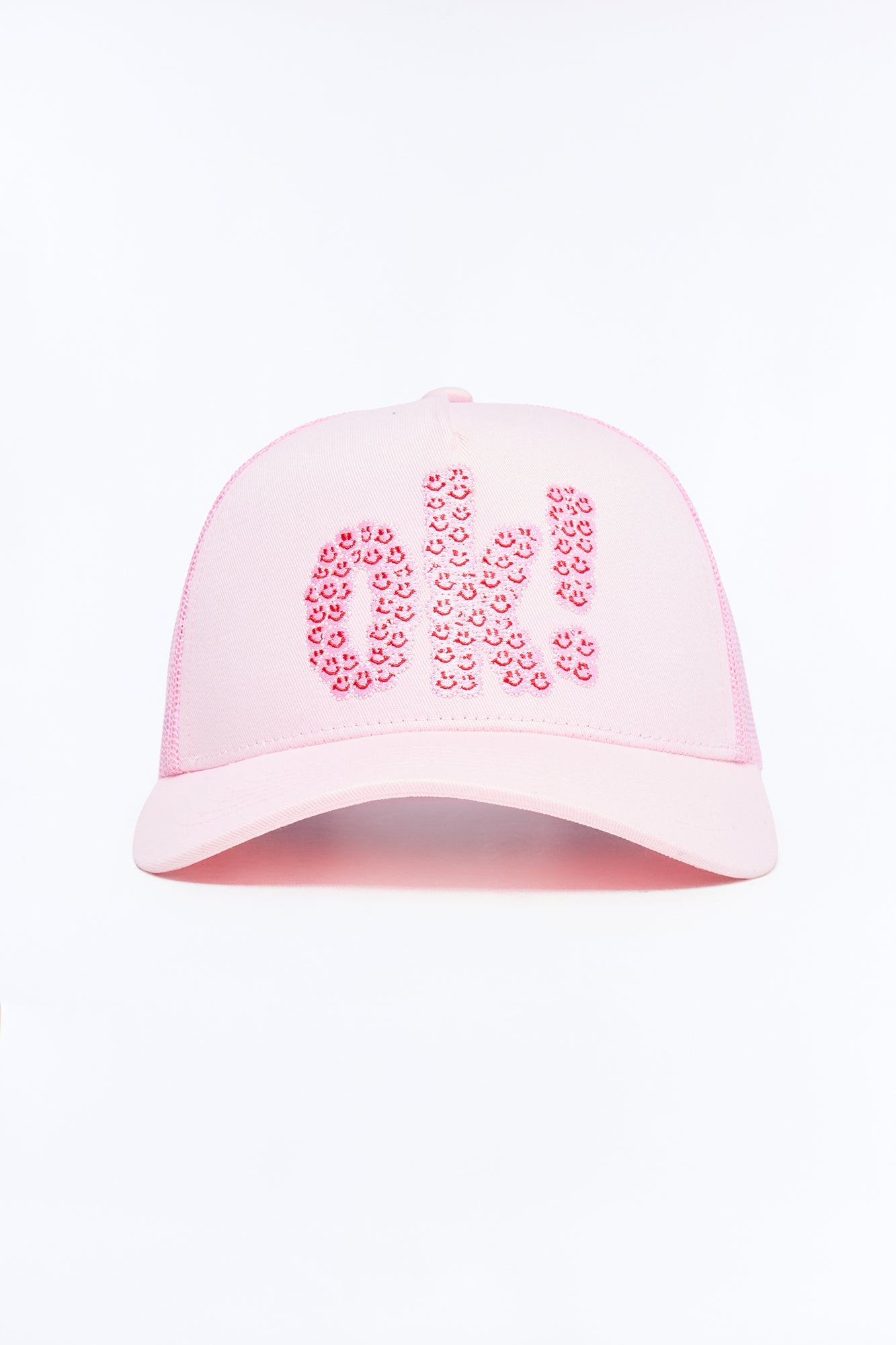 Smiling Ok Patch Snapback Trucker Hat - Light Pink Fashion Nova