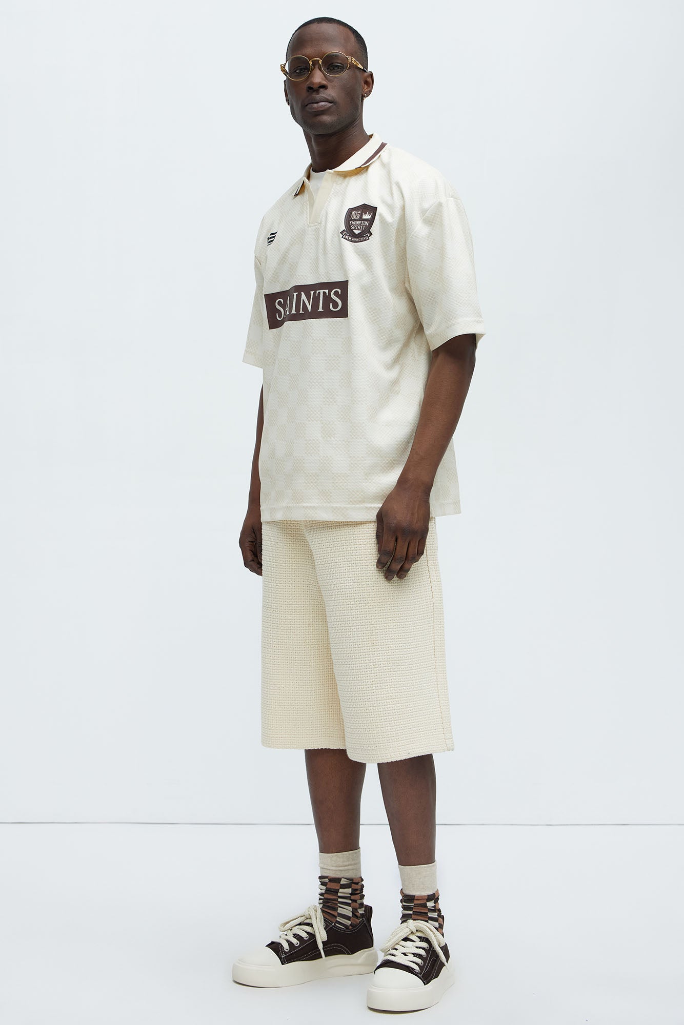 Saints Checkered Johnny Collar Soccer Jersey - Natural/Combo Fashion Nova
