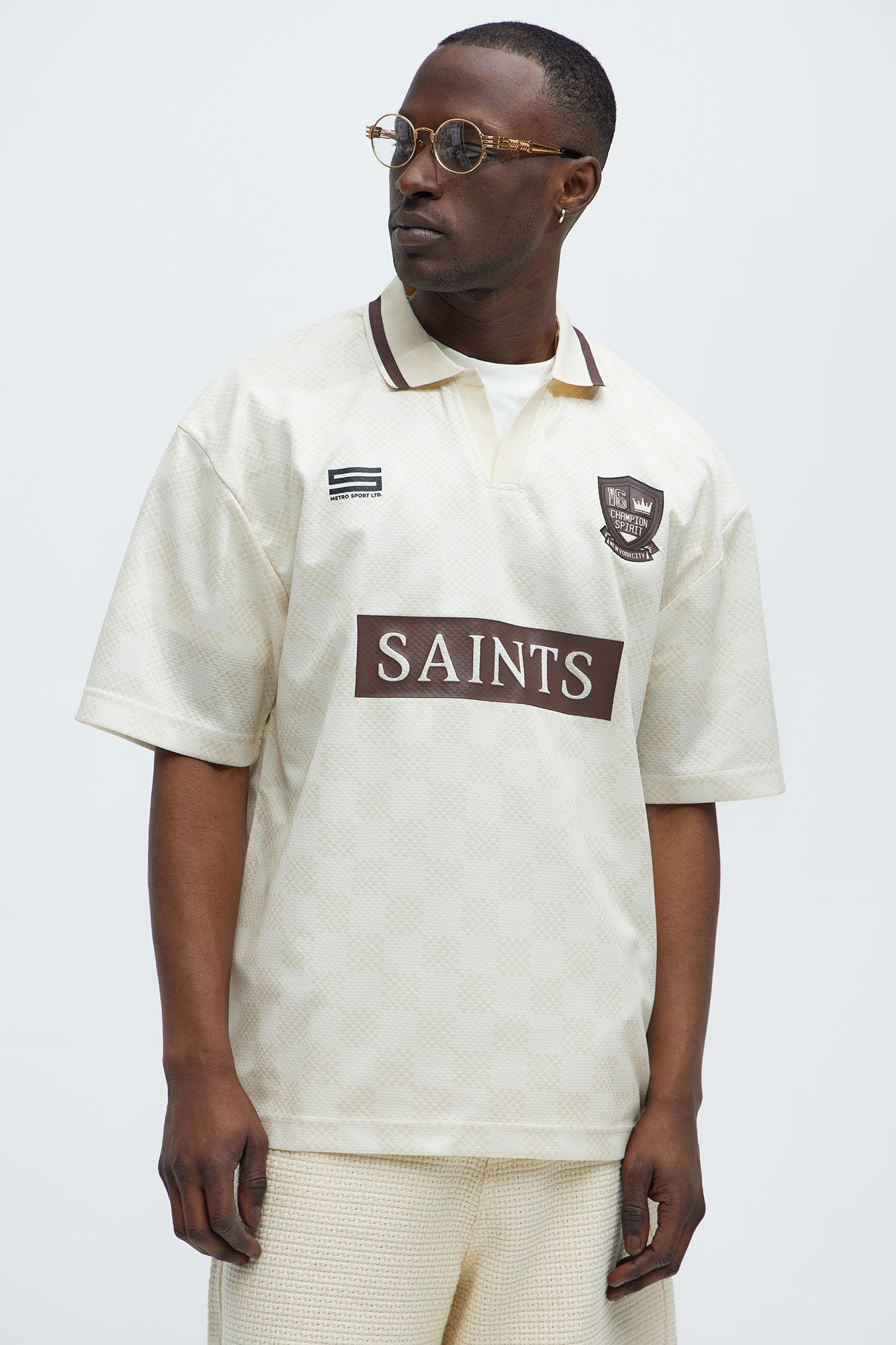 Saints Checkered Johnny Collar Soccer Jersey - Natural/Combo Fashion Nova