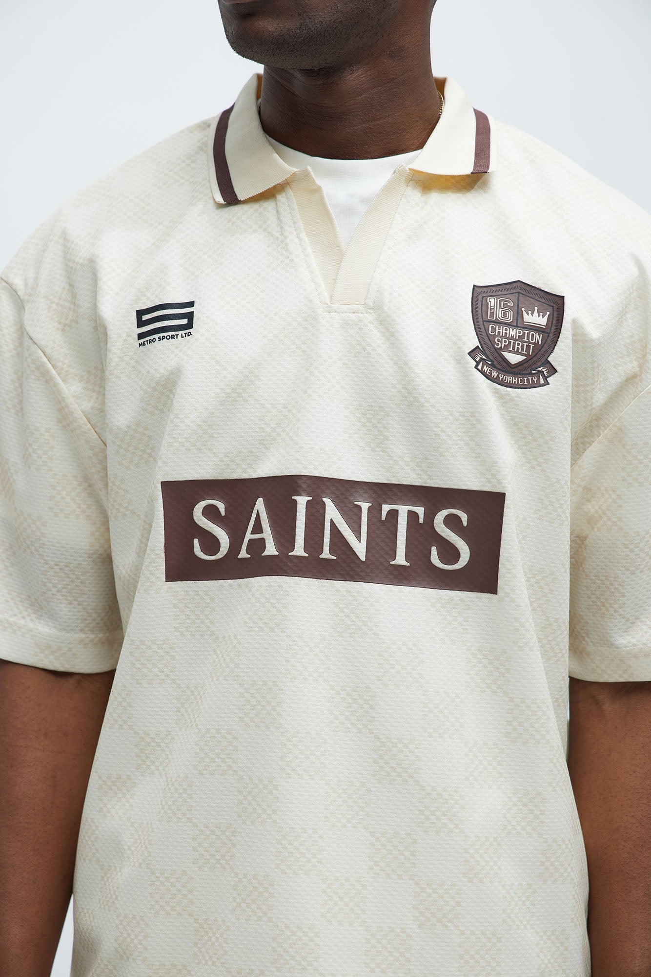 Saints Checkered Johnny Collar Soccer Jersey - Natural/Combo Fashion Nova