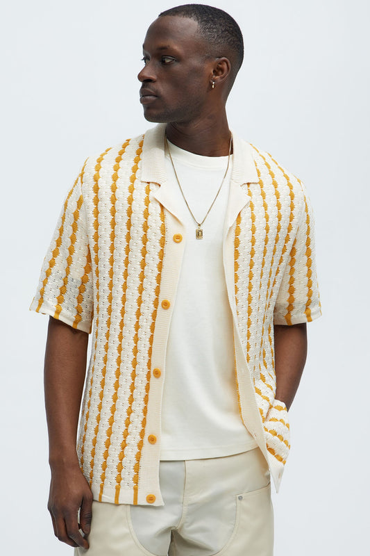 Benny Short Sleeve Crochet Cuban Shirt - Mustard Fashion Nova