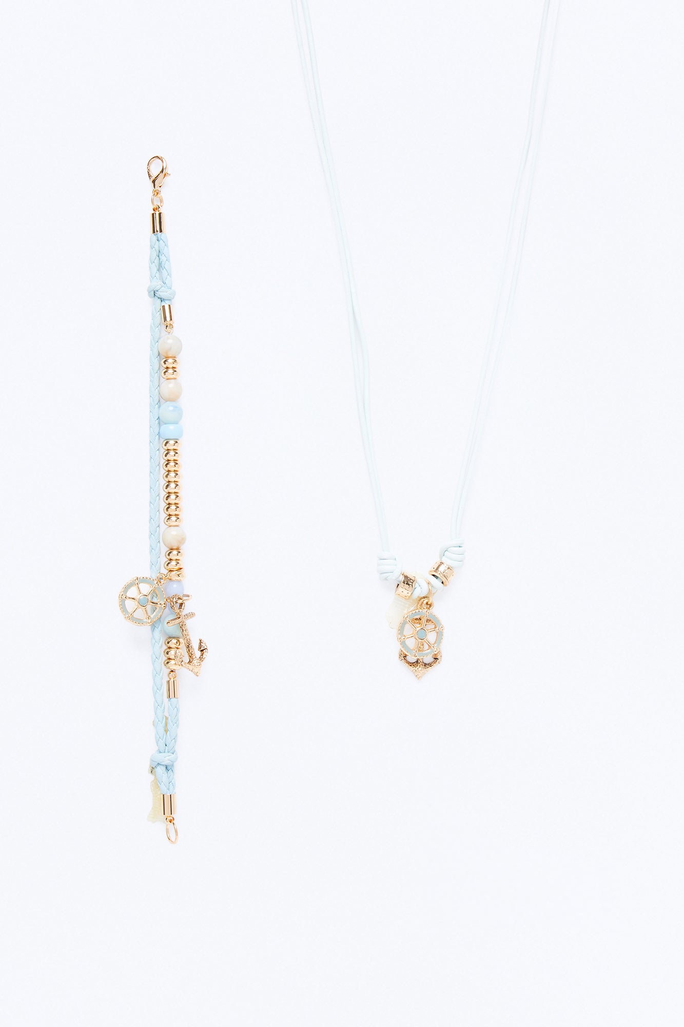Anchor Faux Leather Cording Necklace And Bracelet Set - Blue/Gold Fashion Nova