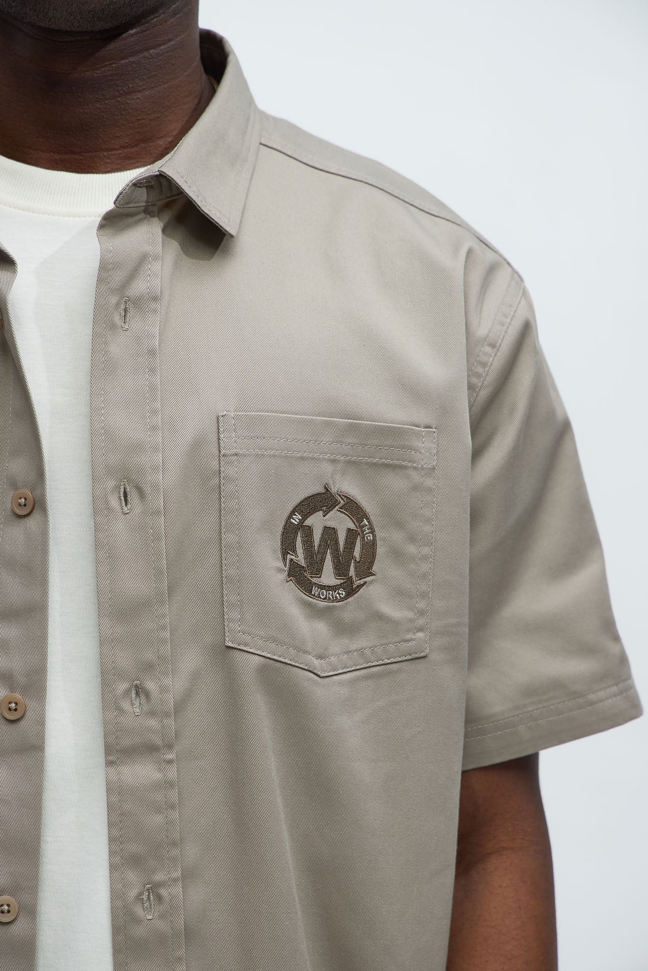 In The Works Short Sleeve Button Up Shirt - Stone Fashion Nova