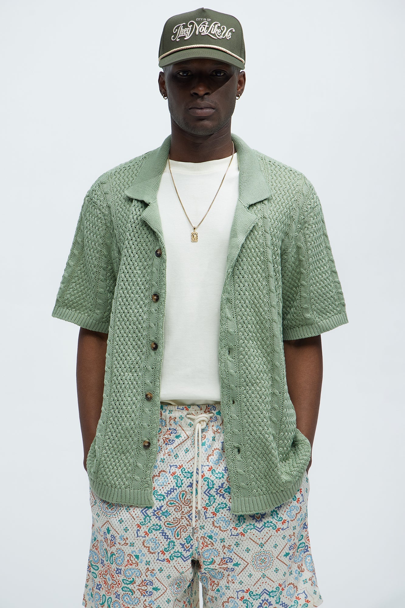 Unwind Cable Knit Short Sleeve Button Up - Sage Fashion Nova