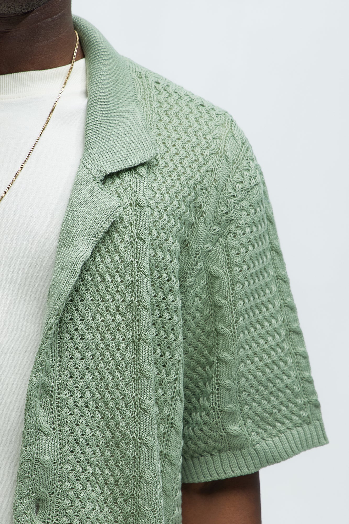 Unwind Cable Knit Short Sleeve Button Up - Sage Fashion Nova