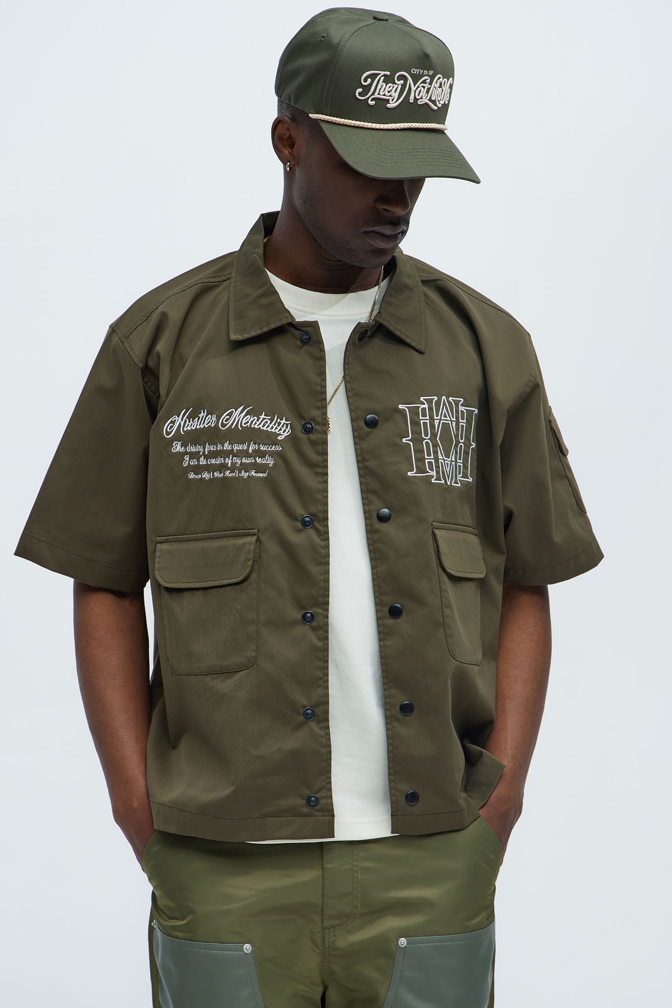 Hustler Mentality Short Sleeve Shirt - Olive Fashion Nova