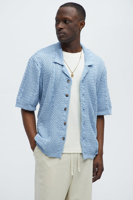 Unwind Cable Knit Short Sleeve Button Up - Blue Fashion Nova