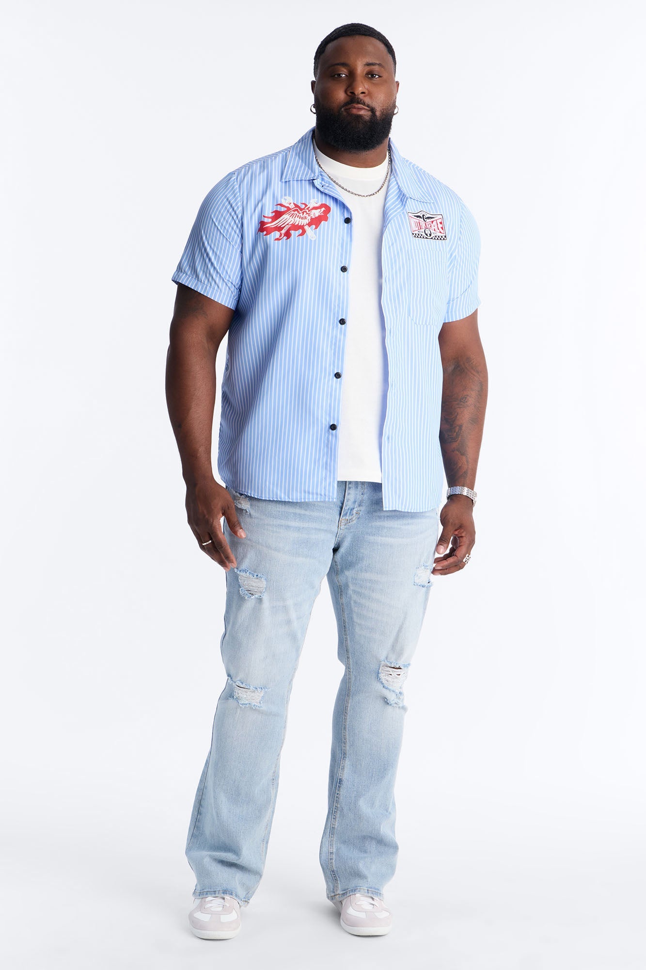 Essential Destroyed Stacked Skinny Flare Stretch Jean - Light Blue Wash Fashion Nova