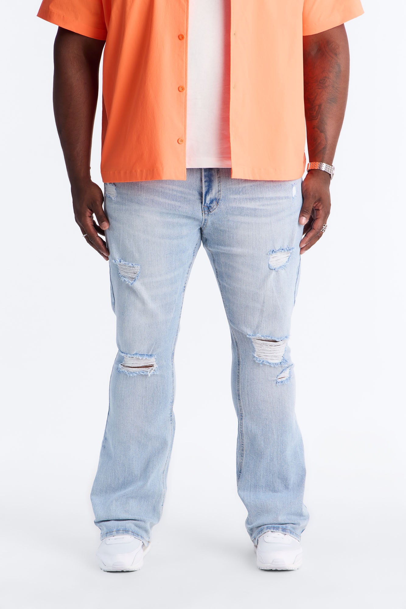 Essential Destroyed Stacked Slim Flare Stretch Jean - Light Blue Wash Fashion Nova