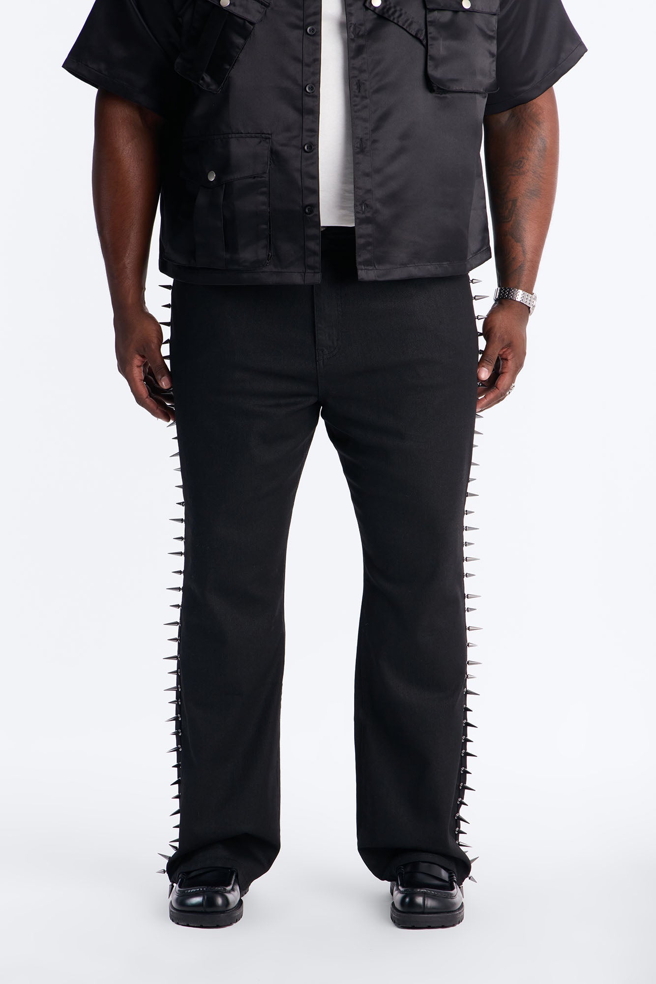 Stacked Slim Flare Waxed Cyber Spike Jean - Black Fashion Nova