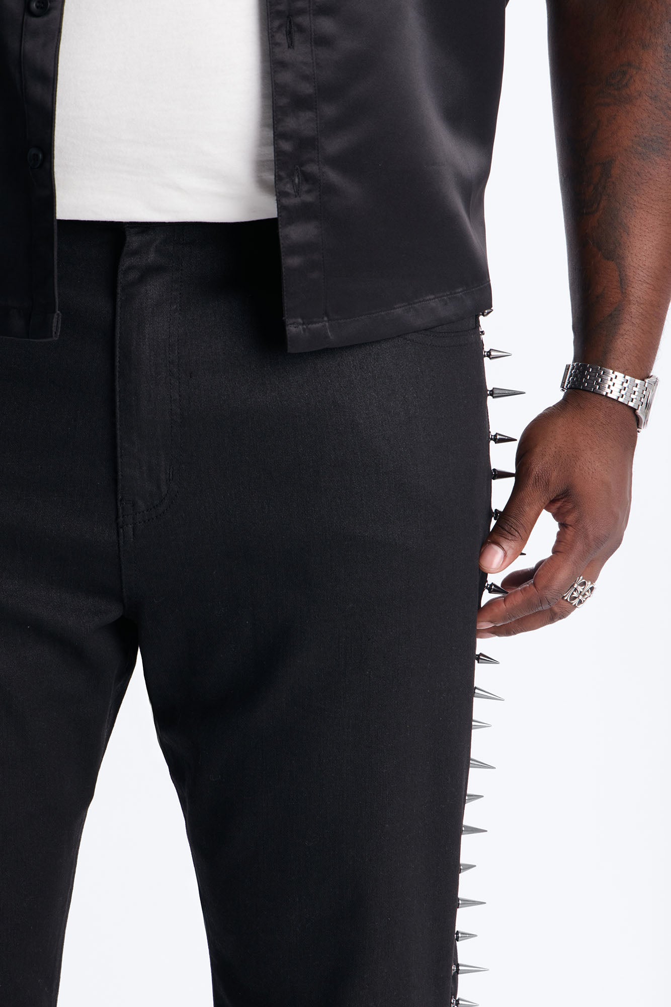 Stacked Slim Flare Waxed Cyber Spike Jean - Black Fashion Nova