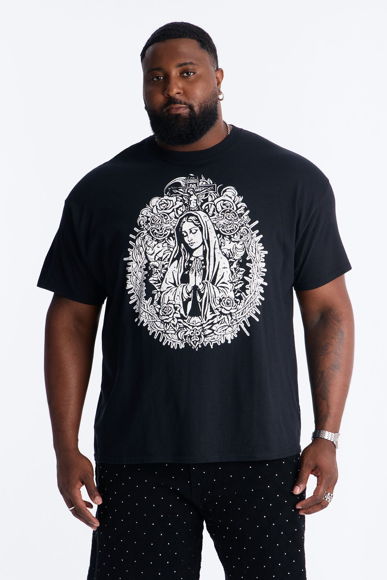 La Familia Mother Mary Short Sleeve Tee - Black Fashion Nova