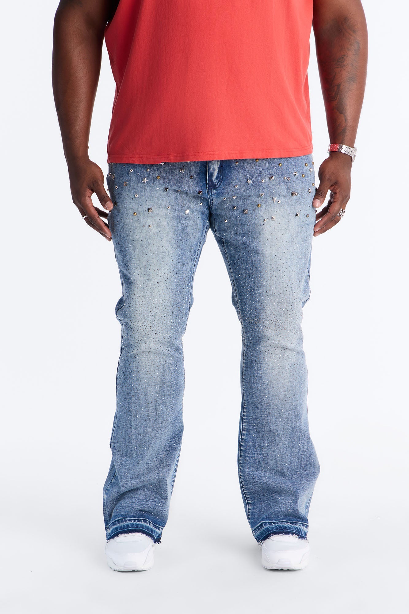 Stacked Skinny Flare Star Burst Jeans - Medium Blue Wash Fashion Nova