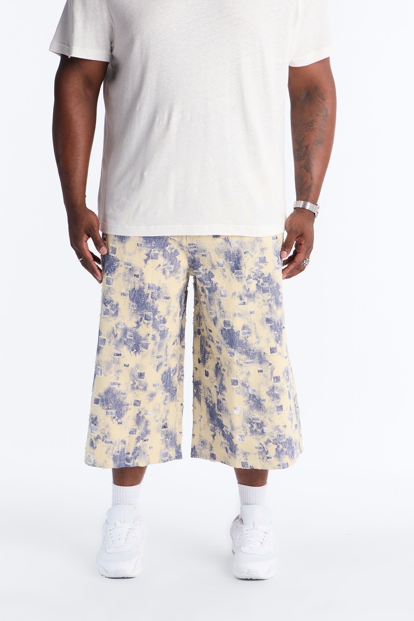 Super Baggy Azure Shred Denim Short - Bleach Blue Wash Fashion Nova