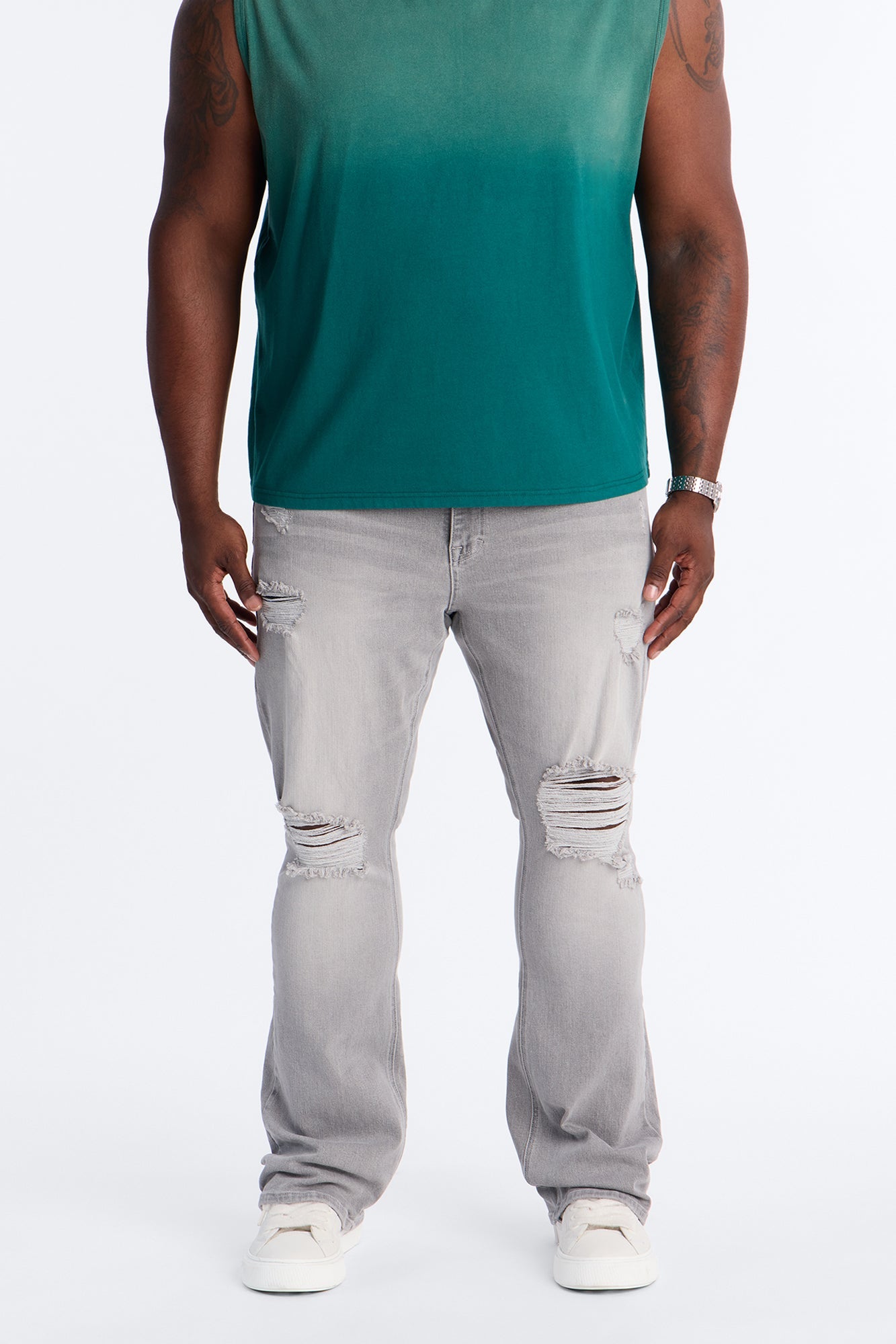 Essential Destroyed Stacked Slim Flare Stretch Jean - Grey Fashion Nova