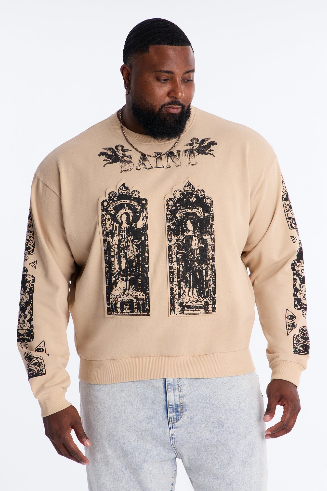 Saint Message Patched Crewneck Sweatshirt - Taupe Fashion Nova