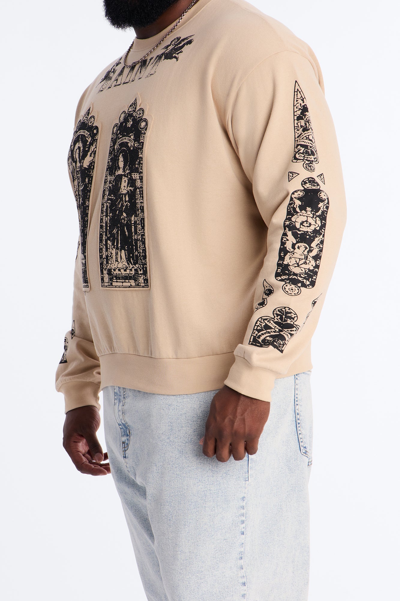 Saint Message Patched Crewneck Sweatshirt - Taupe Fashion Nova