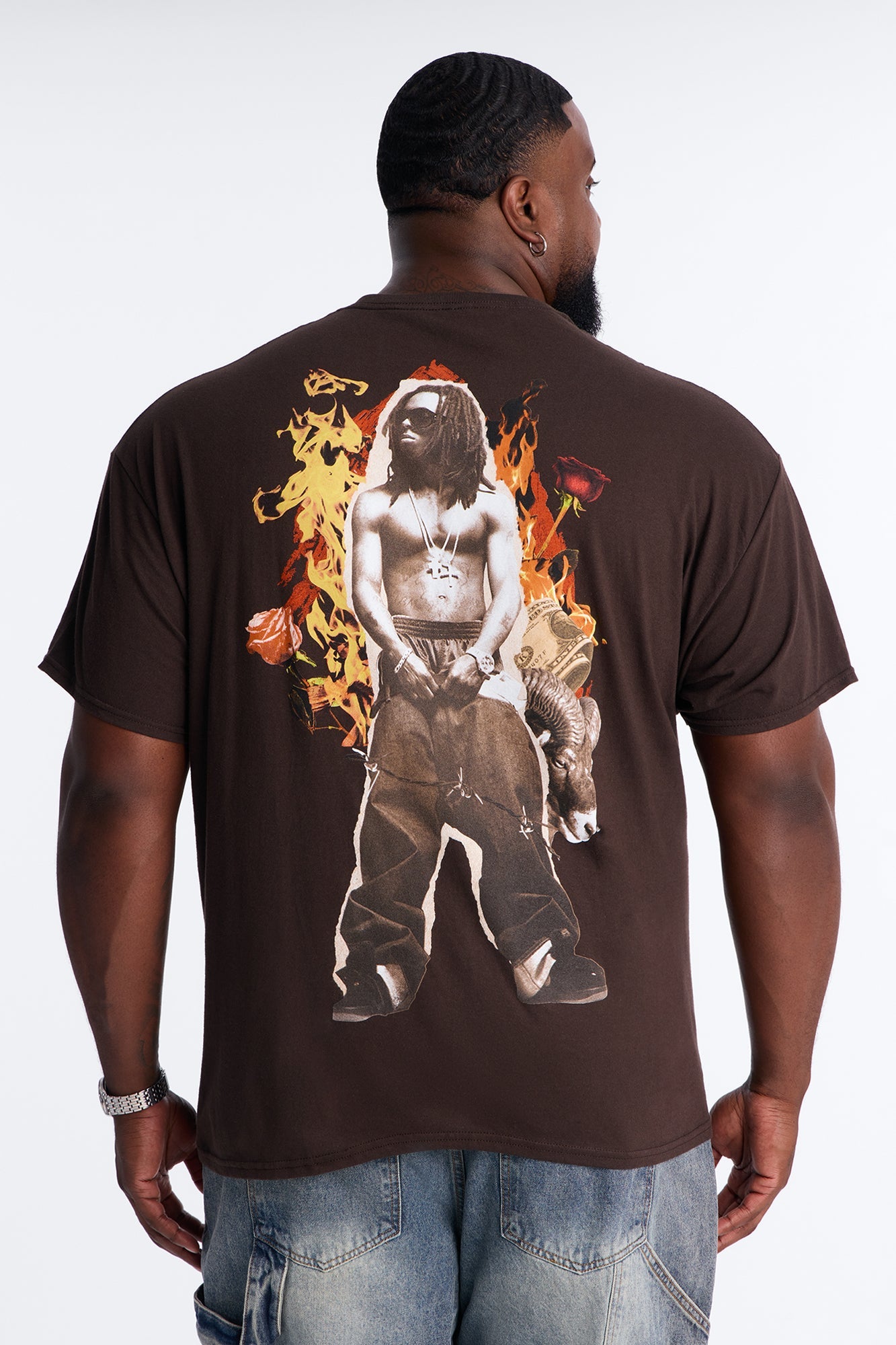 Lil Wayne Flames Graphic Short Sleeve Tee - Brown Fashion Nova