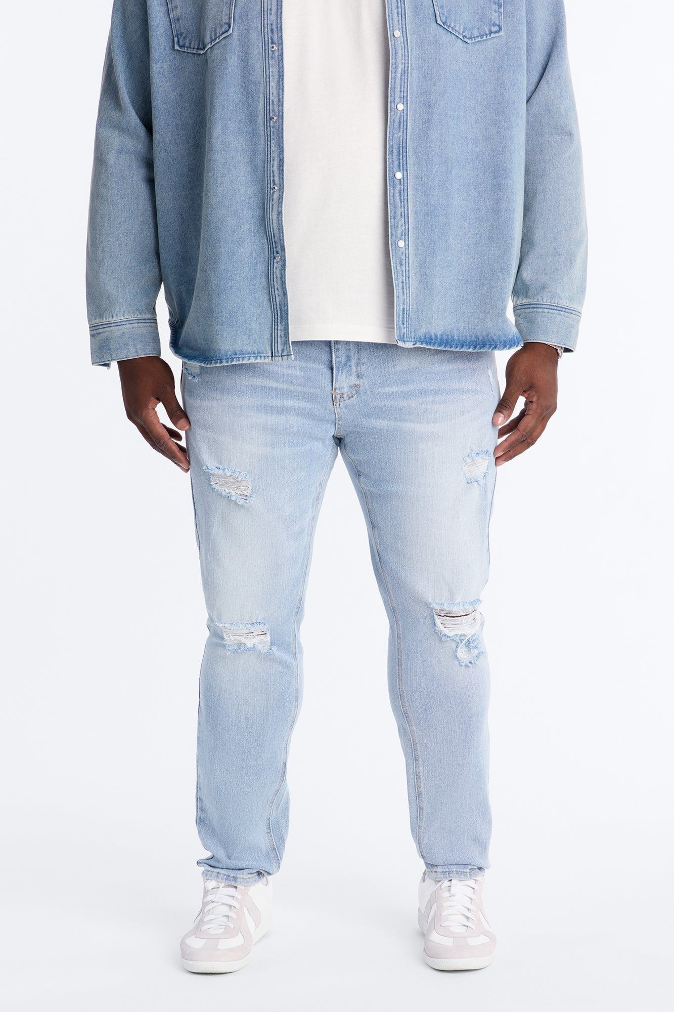 Essential Destroyed Skinny Stretch Jean - Light Blue Wash Fashion Nova