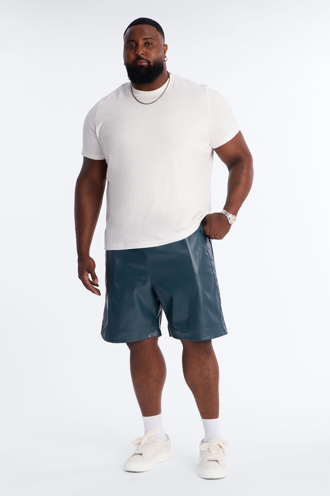 Relaxed Perforated Faux Leather Short - Navy Fashion Nova