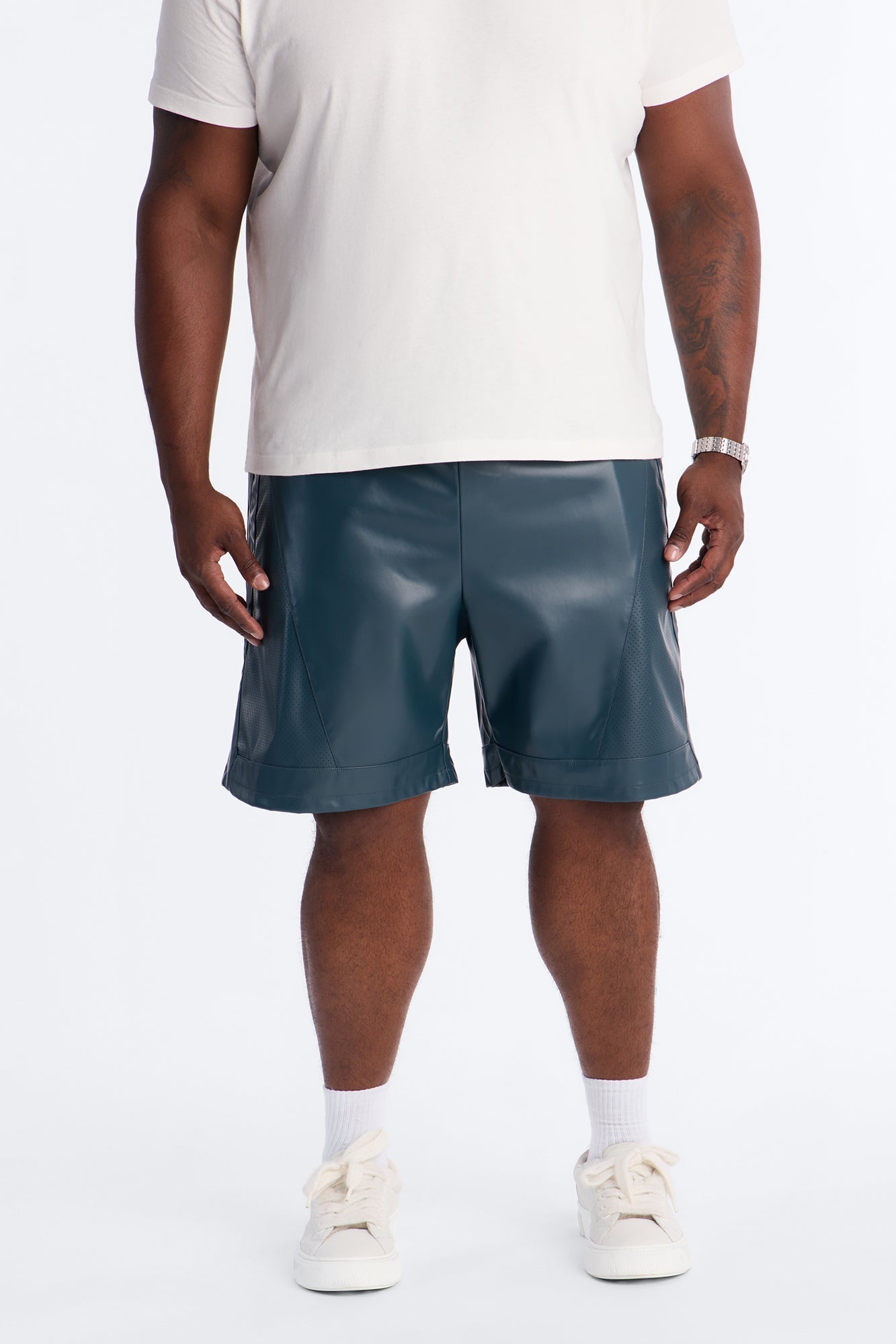 Relaxed Perforated Faux Leather Short - Navy Fashion Nova