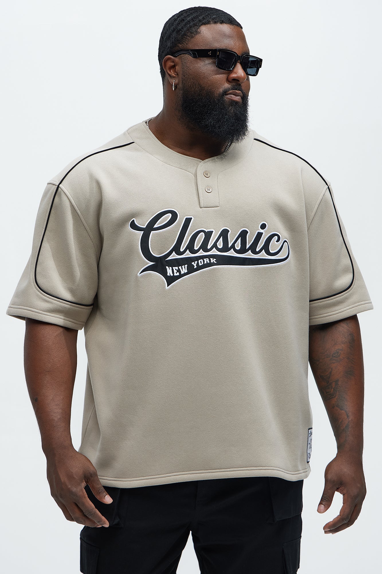 Classic New York Short Sleeve Henley - Stone Fashion Nova