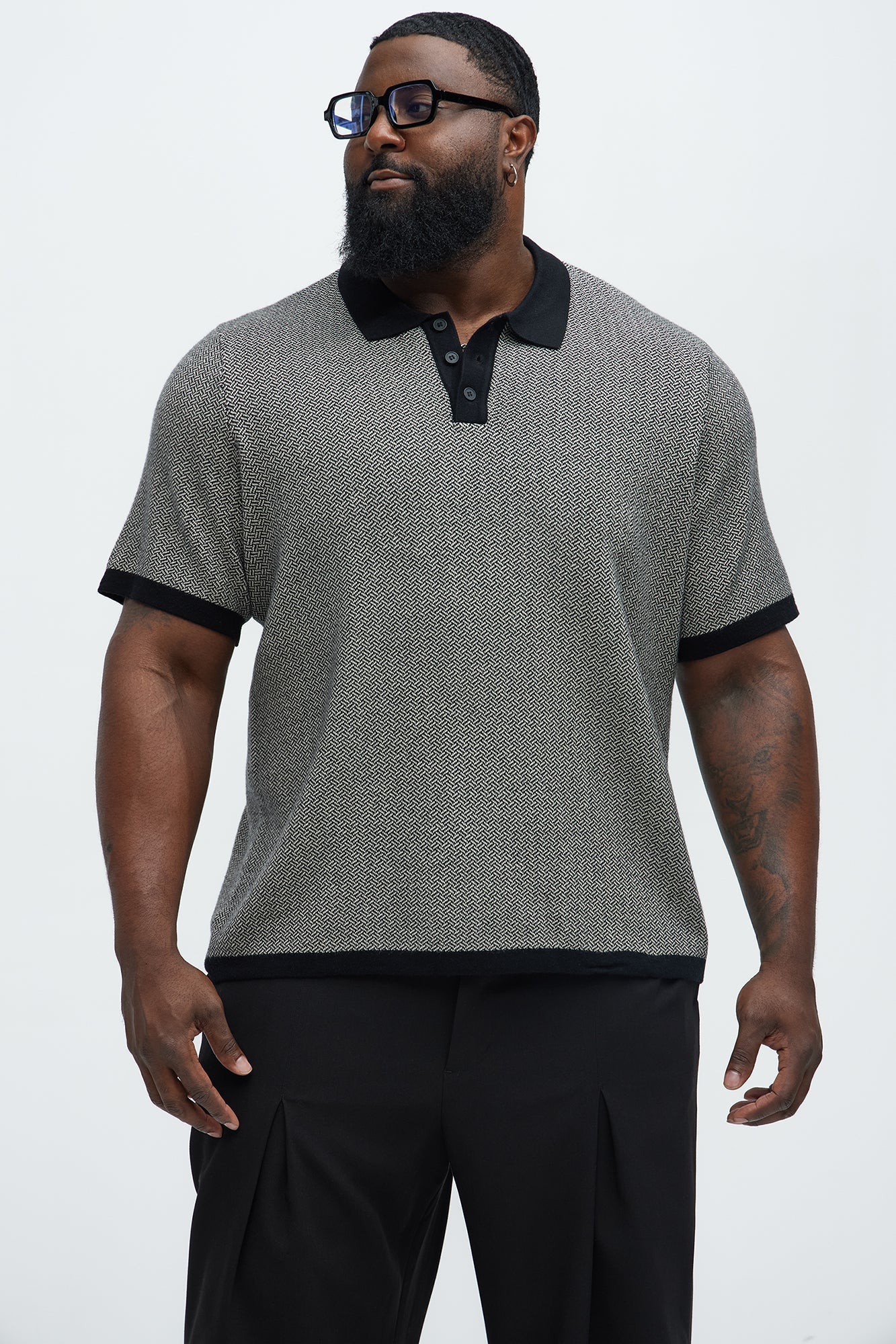 Harry Herringbone Button Down Sweater Polo - Black/combo Fashion Nova