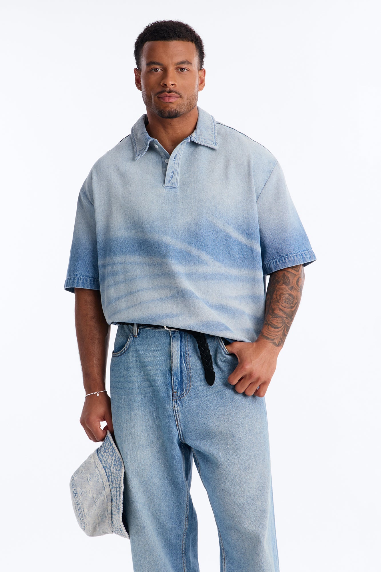 Boxy Faded Wave Denim Polo - Light Blue Wash Fashion Nova