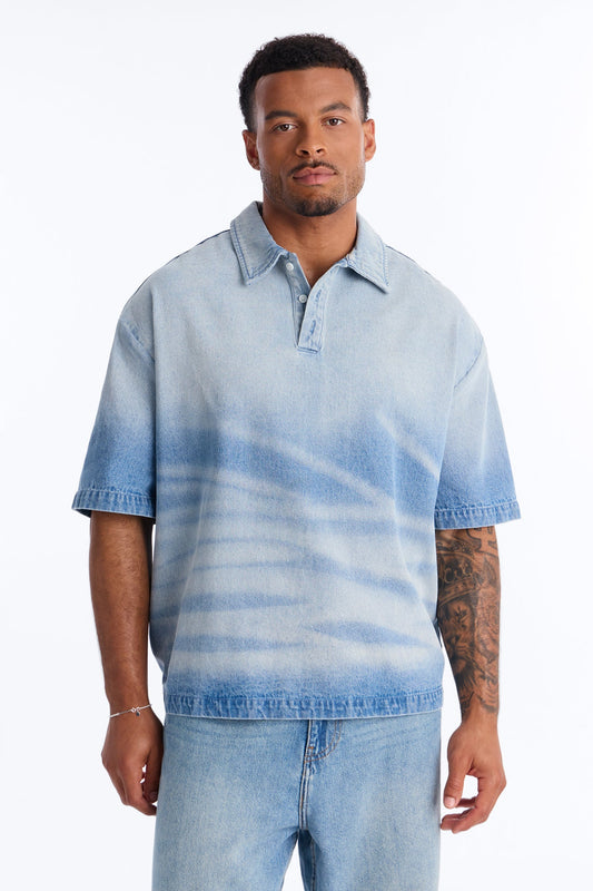Boxy Faded Wave Denim Polo - Light Blue Wash Fashion Nova