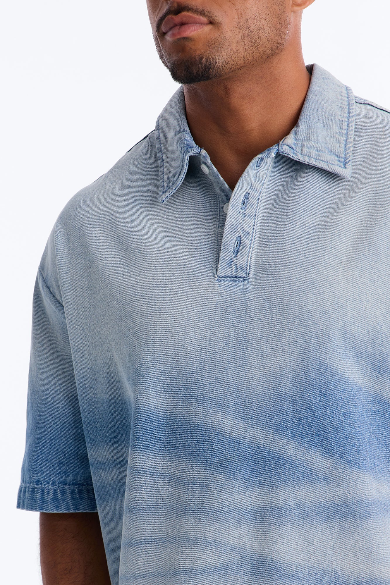 Boxy Faded Wave Denim Polo - Light Blue Wash Fashion Nova
