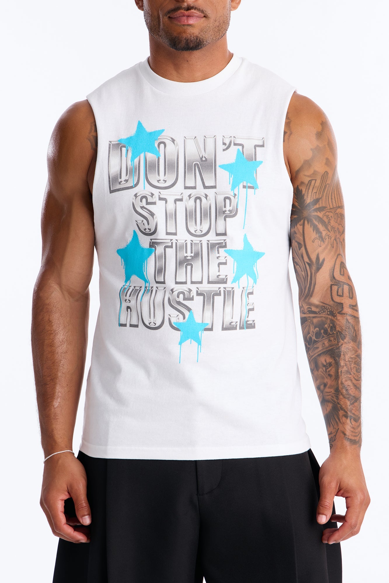 Don't Stop The Hustle Muscle Tee - White Fashion Nova