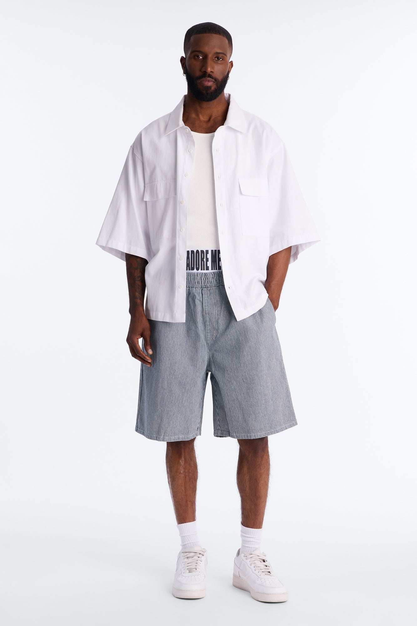 Relaxed Adore Me Double Waistband Pinstripe Short - White/Blue Fashion Nova