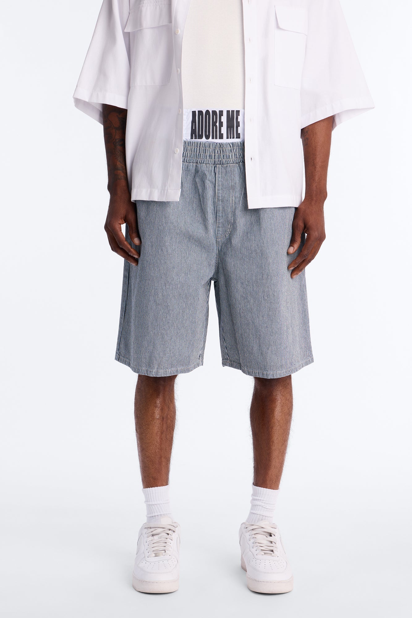 Relaxed Adore Me Double Waistband Pinstripe Short - White/Blue Fashion Nova