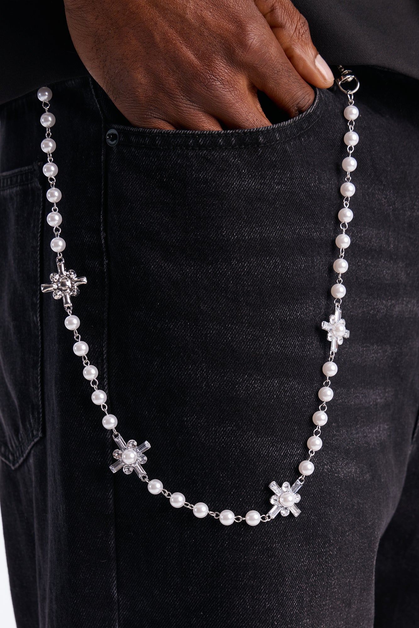 Crystallized Faith And Pearl Pant Chain - White/Silver Fashion Nova